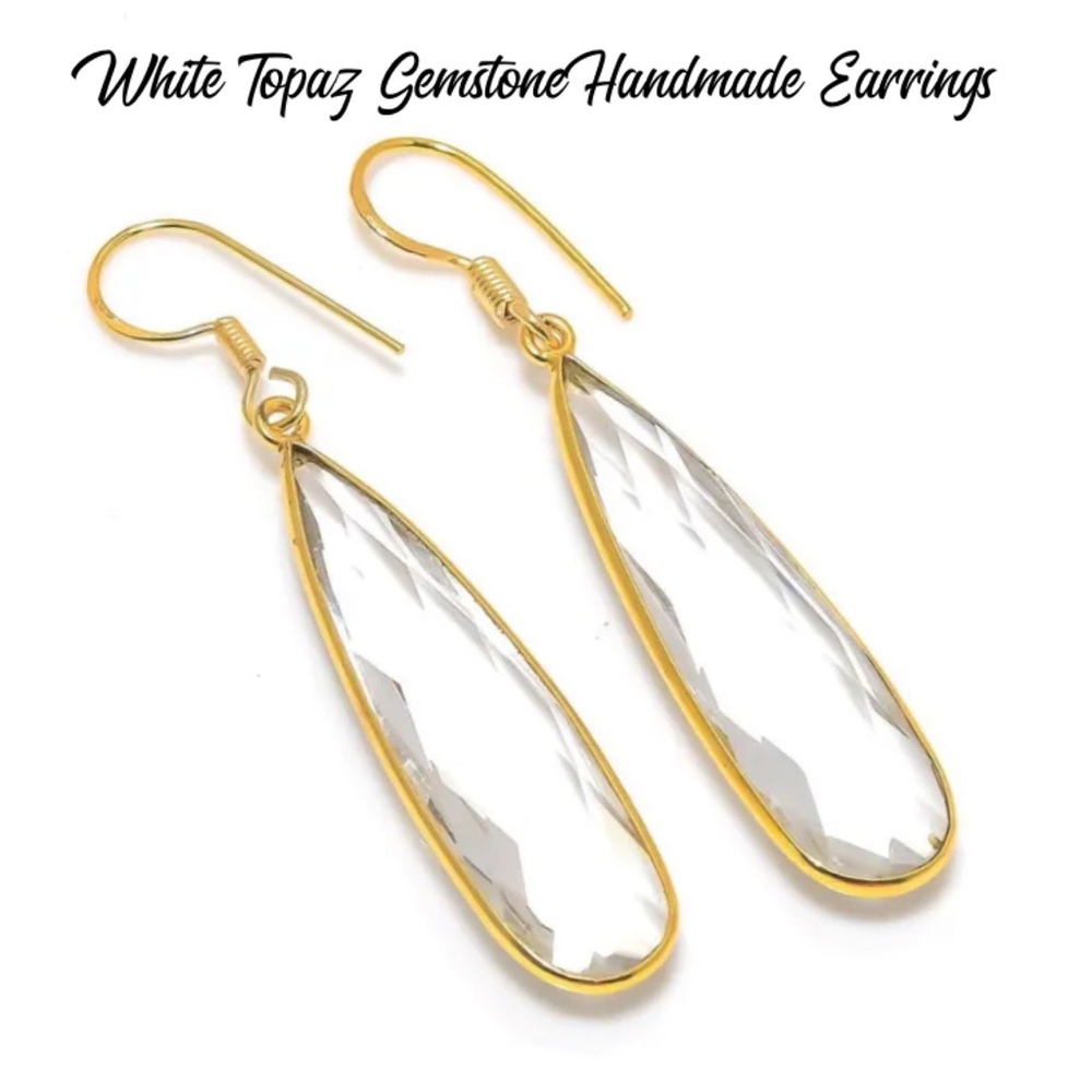 Faceted White Topaz Gemstone Handmade Earrings